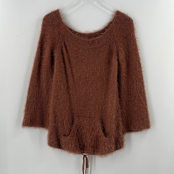 𝅺FUZZY Drawstring Kangaroo Pocket Long Knit Rust Rose Sweater Oversized  M/L - Picture 2 of 6